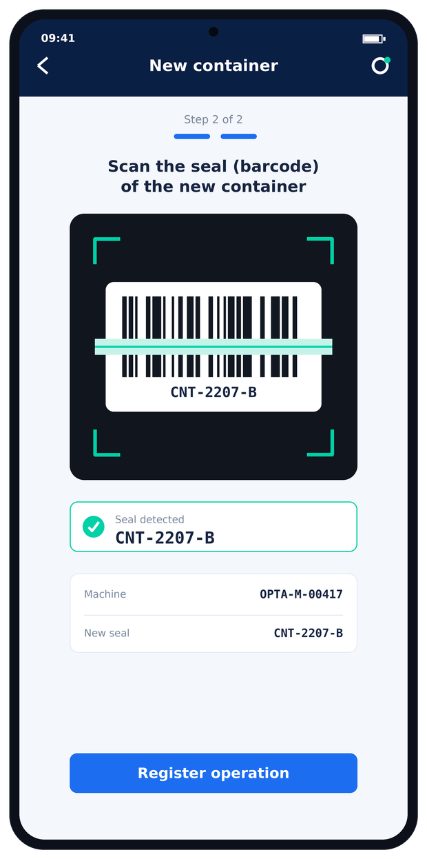 Optacash app — scan new container